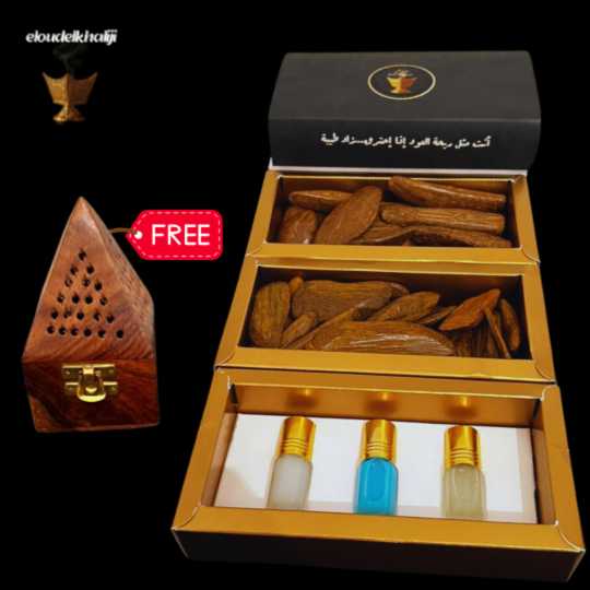 بكج في اي بي والاصفر وبكج المسك ومبخرة خشبية (2) بكج الاعواد والمسك ( 1 عود VIP + عود الفخامة + مسك الطهارة + مسك البوردة + مسك العروس )